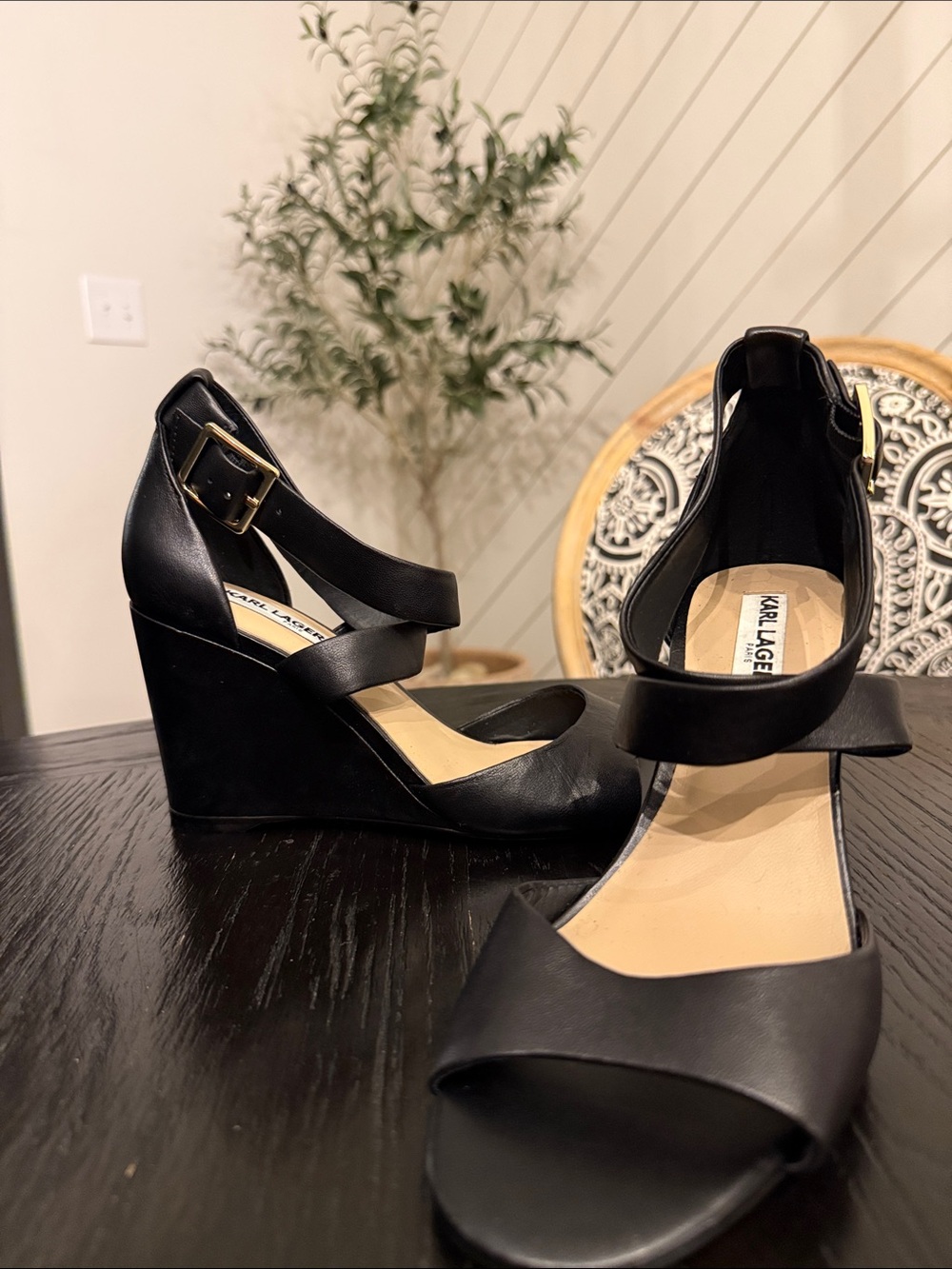Karl Lagerfeld Black Leather Wedge Sandals with Buckle Strap